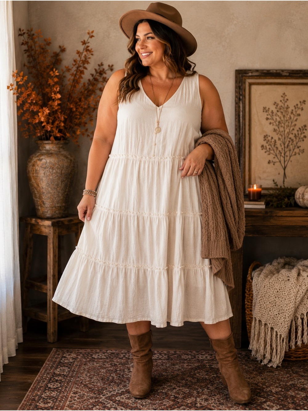 NAIF Ivory Cream V-Neck Sleeveless Tiered Midi Gauzy Dress Size 3X